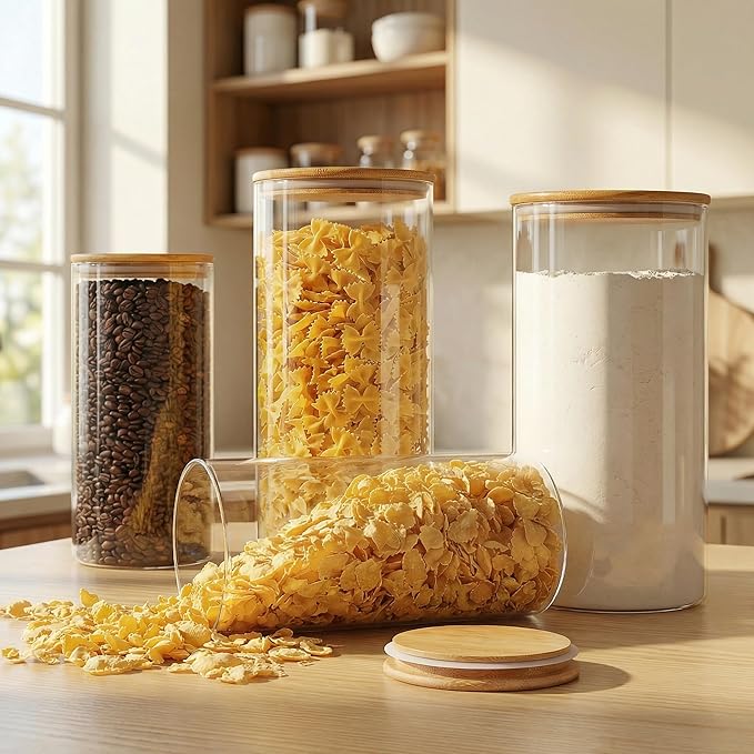 HomArtist Extra Large Glass Flour and Sugar Storage Containers with Airtight Lids,132 floz x2 [Set of 2] Big Glass Jars with Bamboo Lids, Air Tight Food Storage Jars for Cereal, Pasta, Rice, Coffee