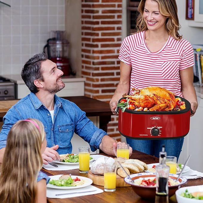 Sunvivi Roaster Oven with Self-Basting Lid,18 Quart Electric Roaster with Removable Pan & Rack,150-450°F Full-Range Temperature Control with Defrost/Warm Function,Stainless Steel,Red