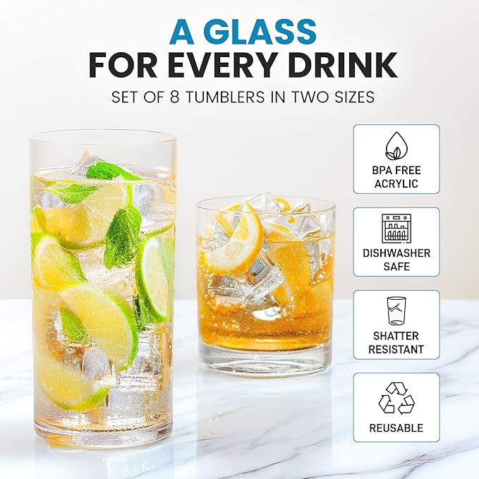 Zulay Kitchen Plastic Drinking Glasses (Set of 8) – Mixed 16oz & 12oz Acrylic Shatterproof Cups for Home, Kitchen & Outdoors – Crystal Clear Glass Look – BPA & Lead-Free – Top-Rack Dishwasher Safe