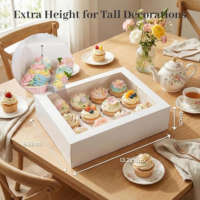 VGOODALL 2PCS White Cupcake Container, 12 Count with Window Boxes Holding 24 Pastry Box for Birthday Holiday Party Bakery Supplies
