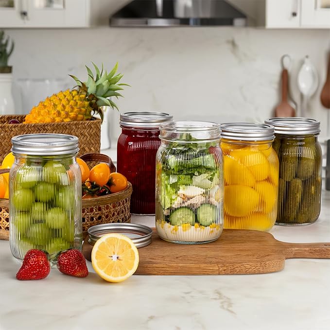 WELLIFE Clear Stripe Mason Jars 32oz-4Pcs