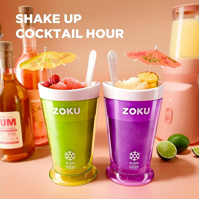ZOKU Original Slush and Shake Maker, Slushy Cup 2 Pack for Quick Frozen Homemade Single-Serving Slushies, Fruit Smoothies, and Milkshakes in Minutes, BPA-free, Red/Blue Set of 2