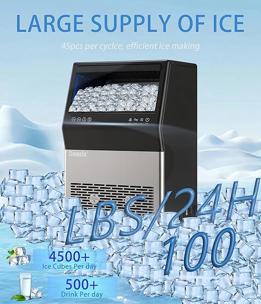 Dessiz Commercial Ice Maker Machine, 100lbs/24H Stainless Steel 36pcs Under Counter Freestanding Ice Maker with 33lbs Ice Storage Capacity