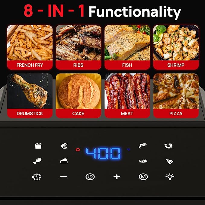 Air Fryer Pro 8 Qt, 8-in-1 Air Fryer with Viewing Window, 360° Rapid Air, 1500W, 80% Less Oil, Nonstick Dishwasher-Safe Basket, PFAS & Teflon-Free, 400°F, Recipe Book, Black