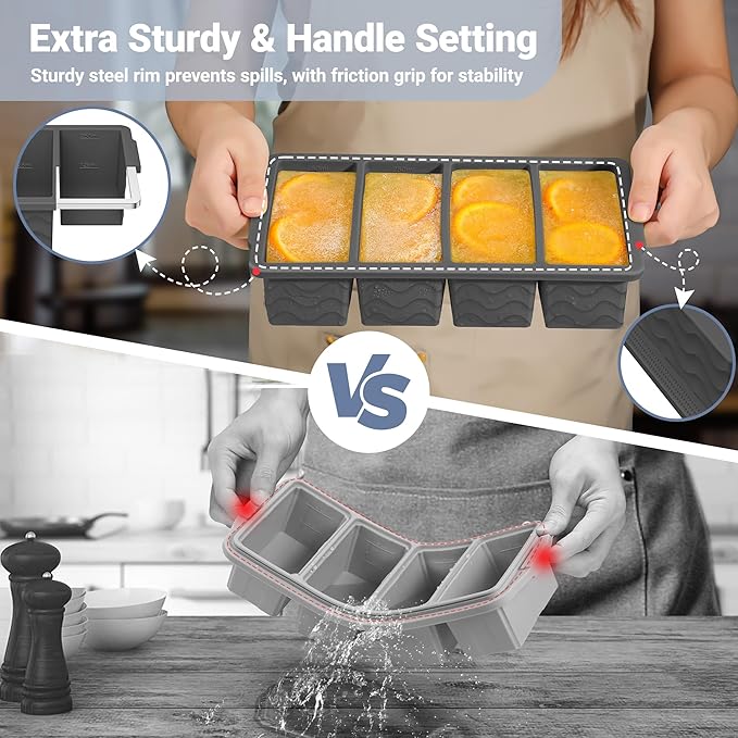 Silicone Freezer Molds for Soup with Lid, 1-Cup & 2-Cup Large Ice Cube Trays Food Storage Containers for Meal Prep, Freeze 500mL/250mL/125mL Portions – 2 Pack