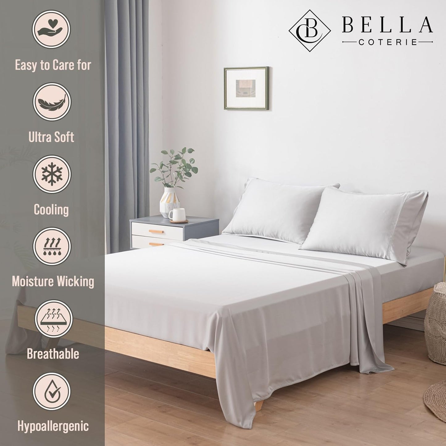 Bella Coterie Luxury Bamboo Viscose Queen Size Sheet Set | 100% Organically Grown | Ultra Soft | Cooling for Hot Sleepers | 18" Deep Pocket [Ivory]