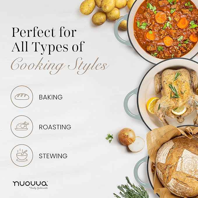 Nuovva Enamelled Cast Iron Dutch Oven Pot with Lid 6.4 Quart Non Stick Casserole Pot – Heavy Duty & Oven Safe up to 500° F for Bread Baking, Braising, Stews, Roasting – 28cm Sea Salt