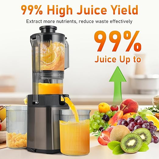 Cold Press Juicer - Juicer Machines with 4.3" Wide Feed Chute, 34oz Slow Masticating Juicer for Fruits and Vegetables, 99% High Juice Yield, Reverse Function, Dishwasher Safe