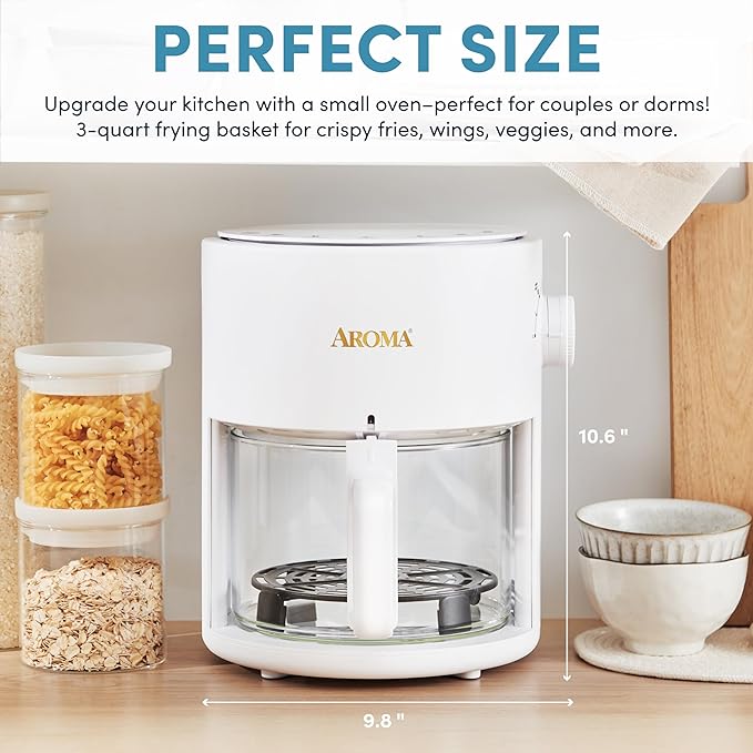 AROMA® Glass Air Fryer and Countertop Convection Oven with Powerful 360Crispy™ Technology (3 Quart), White
