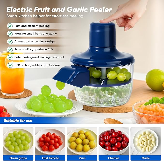 Electric Grape Peeler & Garlic Peeler Machine - Automatic Skin Remover for Cherry Tomatoes & Small Fruits - Portable Rechargeable Small Fruit Peeler Machine for Salads, Baby Food and Kitchen Gadgets