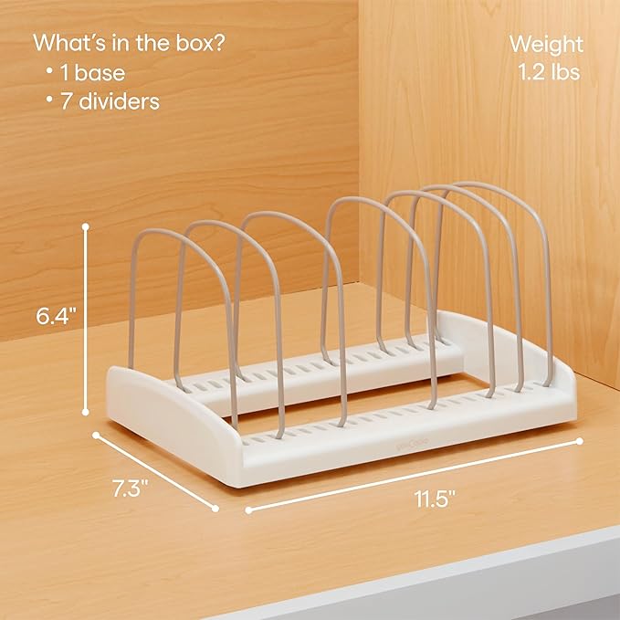 YouCopia StoreMore Bakeware Rack with Tall Steel Wires, Adjustable Pan and Lid Organizer, Classic Edition – White, Alloy Steel & Plastic, 11.5”W x 7.3”D x 6.4”H, Customizable Shelf