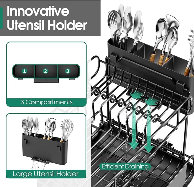 Urackify Dish Drying Rack for Kitchen Counter, Expandable 2 Tier Dish Rack, Large Capacity Dish Drainer with Drainboard Multifunctional Dish Strainer with Removable Cutlery Holder Black