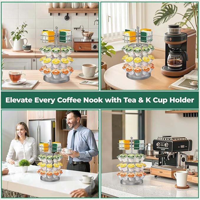 EsLuker.ly K Cup Holder Coffee Pod Organizer Carousel for Countertop, Rotatable Metal 4-Tier Storage Rack Stand for 30 K Cups & Tea Bags, Convenience Meets Elegance, Silver