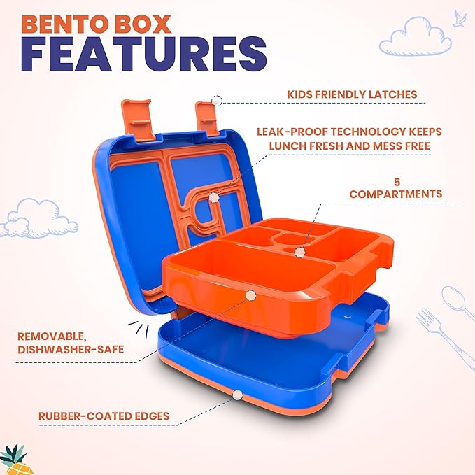 YOLAY Bento Box for Kids Lunch Box Leak-Proof, 5-Compartment Lunch Box Kids for Ages 3-10, Durable with Anti-Slip Base, Suitable for Schools, Outdoor and Travel (Robo)
