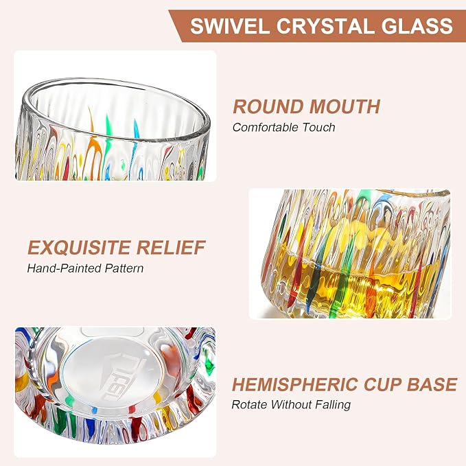 Rotatable Old Fashioned Glass Cup, 275ml/10oz Crystal Whiskey Glass Set of 2, Wood Coaster, Thickening, Used as Rum Glass Cup, Cocktail, Coffee, Milk to Relax and Reduce Stress, Christmas gifts