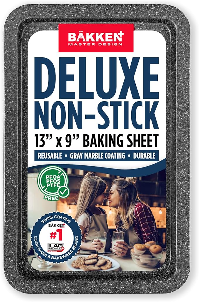 BAKKEN Kitchen Baking Pans - Nonstick Gray Coating, 13.18’’ × 8.66’’ Commercial Grade Carbon Steel Cookie Sheet, Baking Kitchen Essentials, PFOA, PFOS, PTFE Free, Oven Safe Tray (450° F), Gray Marble