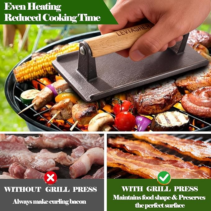 2.2lbs Heavy-Duty Cast Iron BBQ Grill Press for Bacon Burger Sandwich Steak Meat Paninis Vegetable, Griddle Food Press for Weber Blackstone Chef Pitboss Cooking, Rectangular Wood Handle