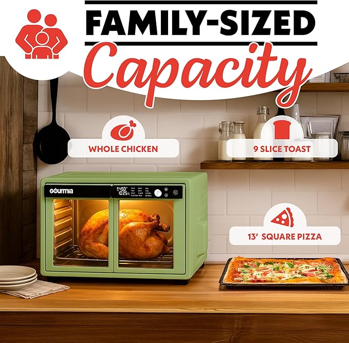 Gourmia French Door Air Fryer Oven - 37 Qt Large Capacity Convection Toaster Oven, FryForce 360°, Digital Display, 12 Cooking Presets, Dehydrate, Fits 13” Pizza, Dishwasher-Safe, Green