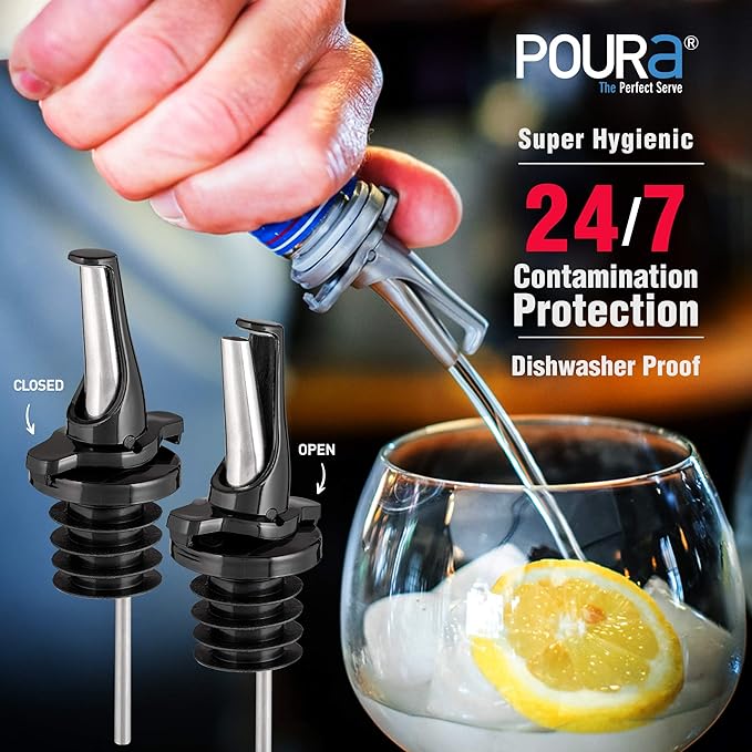 3-in-1 Liquor Pour spout with Built-in Fruit Fly Protection - Dishwasher Safe Hygienic Alcohol Speed Spouts - Also for Olive Oil, Juice, Syrup. Black 12 Pack with 2 Adapters for Large Neck Bottles
