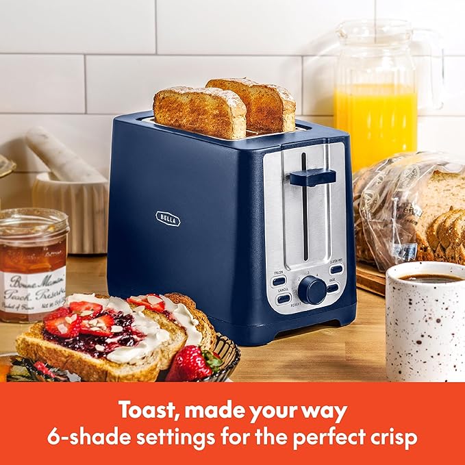 BELLA 2 Slice Toaster with Auto Shut Off - Extra Wide Slots & Removable Crumb Tray and Cancel, Defrost & Reheat Function - Toast Bread, Bagel & Waffle, Blue