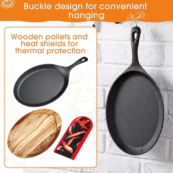 Lallisa 1 Set Cast Iron Fajita Plate Set Fajita Plate Pan with Wooden Tray Anti Scald Protection Hot Mitt Cast Iron Skillet Set for Home Barbecue Kitchen Party Restaurant Catering Service