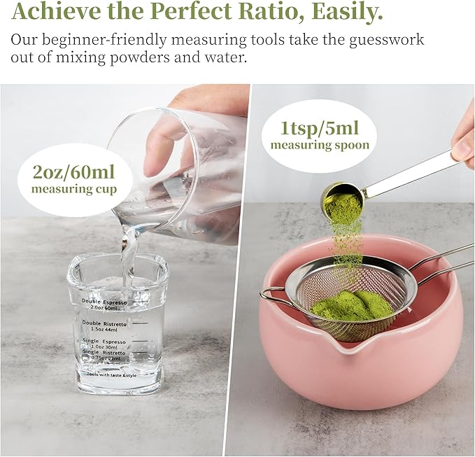 YIBO Matcha Whisk Set Pink, Handcrafted Bamboo Chasen & Ceramic Bowl Matcha Kit, Holder, Stainless Steel Sifter, Scoop Measuring Spoon & Cup Tools for Matcha Tea Ceremony