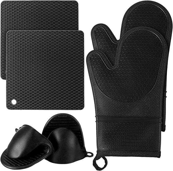 6 Pcs Oven Mitts and Pot Holders Sets for Kitchen, Extra Long Silicone Oven Gloves High Heat Resistant 500 Degrees Non-Slip Potholders Hot Pads for Baking Cooking (Black)