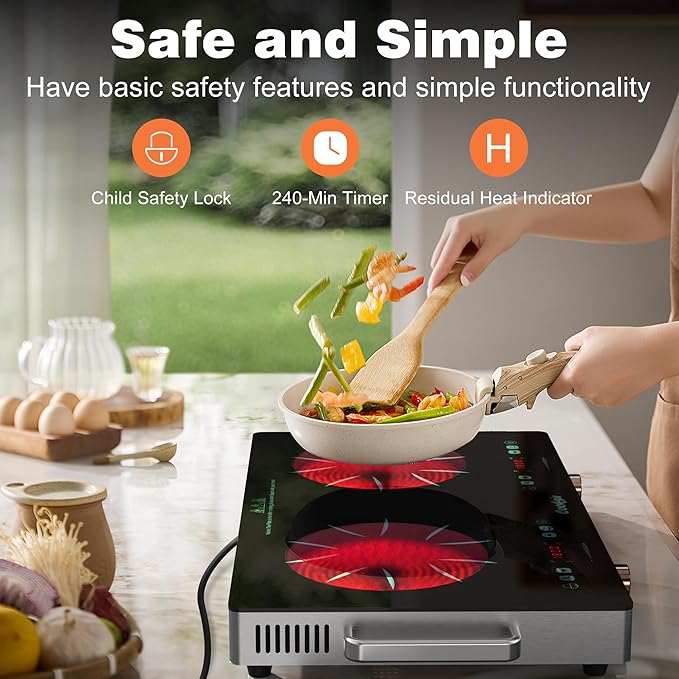 2 Burner Electric Cooktop - 24 Inch Portable Electric Stovetop 110V, 2000W Countertop Tow Burner Ceramic Cooktop with LCD Control Panel, Child Lock, Timer, Knob Control with Plug (Green)