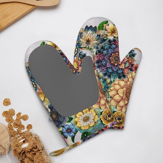 Mandala Boho Oven Mitts and Pot Holders Set Silicone Kitchen Gloves Potholders Heat Resistant for Chef Baking Cooking Grilling BBQ (Set of 4)