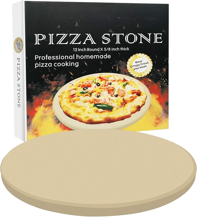 VIKEYHOME Round Pizza Stone, Heavy Duty Cordierite Pizza Grilling Stone, Baking Stone, Pizza Pan, Perfect for Oven, BBQ and Grill, Thermal Shock Resistant, Durable and Safe, 12 Inch Round, 4.6Lbs