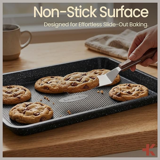 Diamond Bottom Cookie Sheet Set of 2, Nonstick Gray Marble Carbon Steel Baking Pans for Crisp Baking, Space-Saving Stackable Trays, PFOA, PFOS, PTFE Free, Oven Safe Up to 450°F, Small & Medium Pans