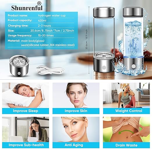 Hydrogen Water Bottle Generator Machine Updated, Portable Hydrogen Water Ionizer Machine Rechargeable, Hydrogen Rich Water Glass Health Cup 420ml Gift for Friends/Women/Men/Mom/Father/Grandpa/Grandma