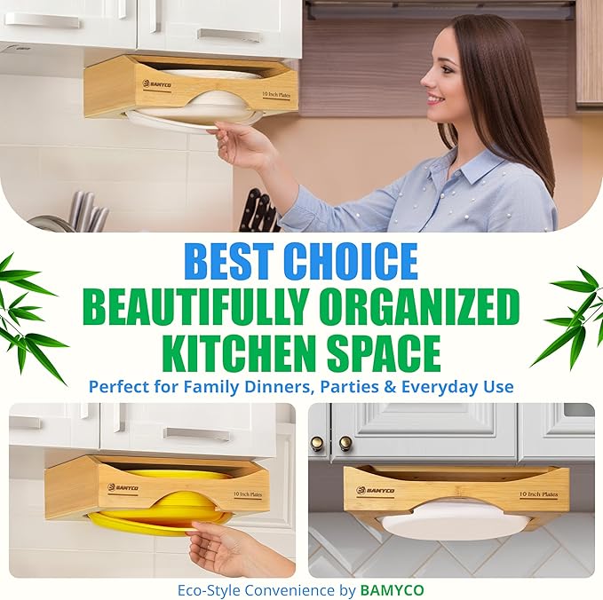 Bamboo Paper Plate Dispenser Under Cabinet for 10 Inch Paper Plates - Plate Organizer for Cabinet – Storage Paper Plate Holders Reusable for Kitchen organizer and Plastic Dinner Plates Disposable