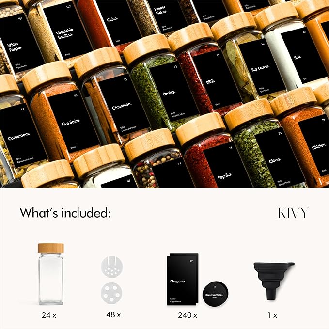 KIVY Spice Jars with Labels [24x 4oz] Glass Seasoning Containers with Airtight Lids for Organization - Empty Square Bottles for Spices & Seasonings with Shaker Lids - Spice Containers Wood Bamboo