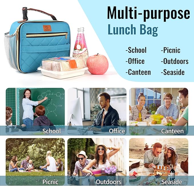 Genteen Lunch Box for Men Women Adults Kids - Insulated LunchBox Reusable, Zip Closure & Buckle Handle, Portable Cooler for Work, School, Travel (Light Green)