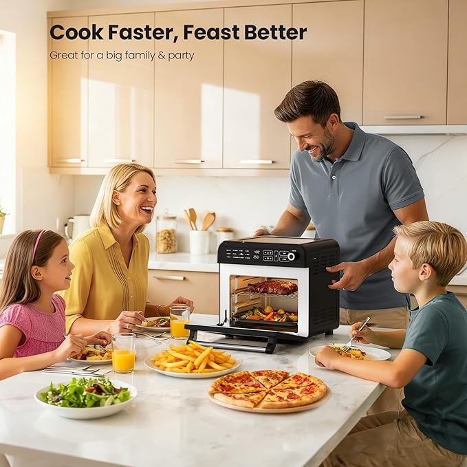 Kismile 18QT Air Fryer Toaster Oven Combo, 12-in-1 Countertop Convection Airfryer Oven, Adjustable 70–450℉ Temperature, Bake, Reheat & Broil, Fits 8-10″ Pizza, Complete Accessories Included, Black