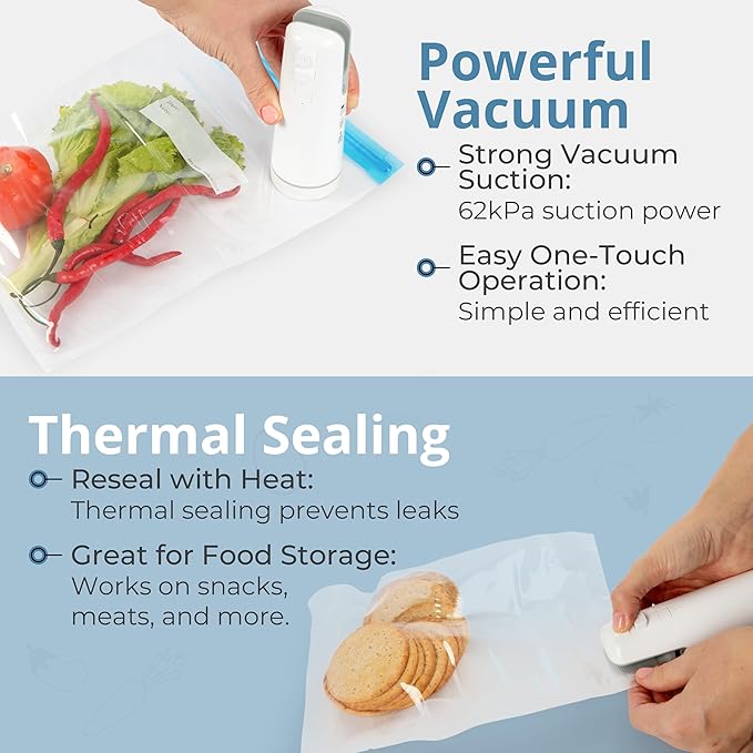 4-in-1 Handheld Vacuum Sealer for Food - USB/Battery Powered Non-Clogging Compact Vacuum Sealer for Food - Portable, Space-Saving Food Storage Solution for Sous Vide, Meal Prep, Travel & Camping