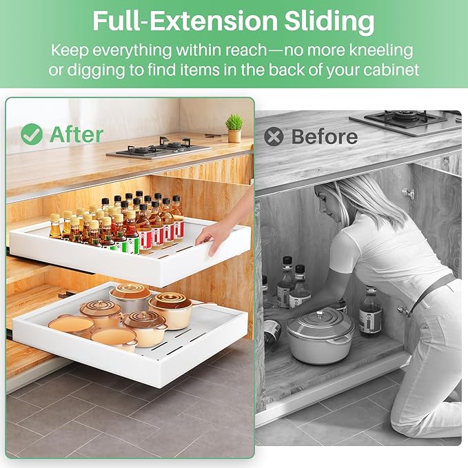 2Pack Pull out Cabinet Organizer, 21"Deep, 20"Wide Full-extension Heavy Duty Slide out Drawers Fixed with Adhesive Nano, Roll Out Shelves Sliding Cabinet for Kitchen,Bathroom,Pantry,Under Sink(White)