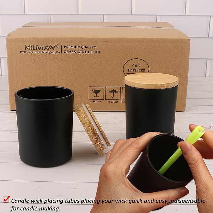 MILIVIXAY 12 Pack 7 OZ Black Matte Glass Candle Jars with Lids and Candle Making Kits - Bulk Empty Candle Jars for Making Candles - Spice, Powder Containers.