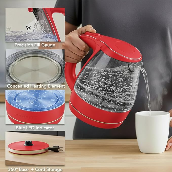 OVENTE Electric Kettle, 1.5L Borosilicate Glass Countertop Water Heater and Boiler for Coffee or Tea, BPA-Free, Auto Shut-Off, Boil-Dry Protection, Removable and Washable Spout Filter, Red KG83R
