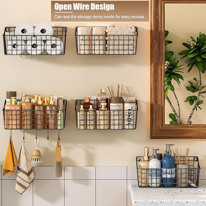 Sonyabecca 4 Pack Hanging Wall Basket for Organizing, Large Wire Basket for Storage Pantry with 5 S Hook+4 Adhesive Hook, Wall Mounted Shelf for Kitchen Bathroom