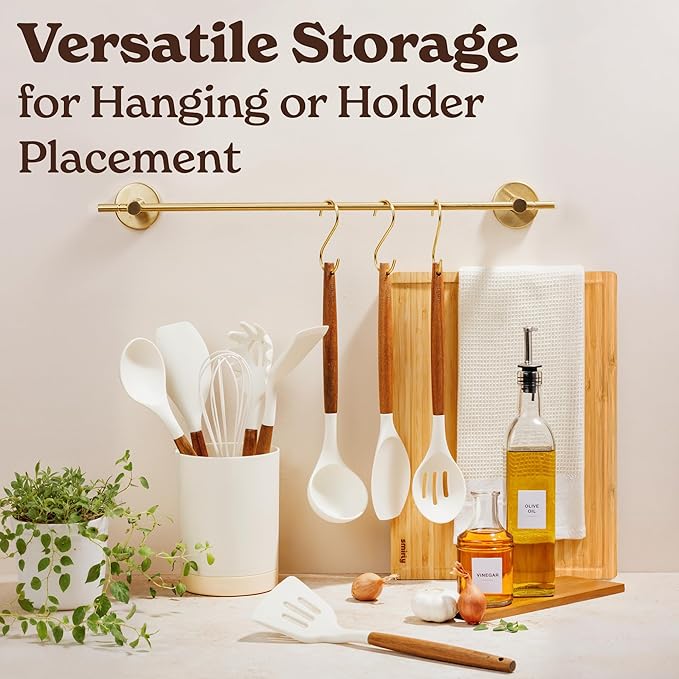 Silicone Kitchen Utensils Set & Holder: Cooking Utensils Set - Kitchen Essentials for New Home & 1st Apartment- Silicone Spatula Set, Cooking Spoons for Nonstick Cookware (Acacia Wood, Cream White)