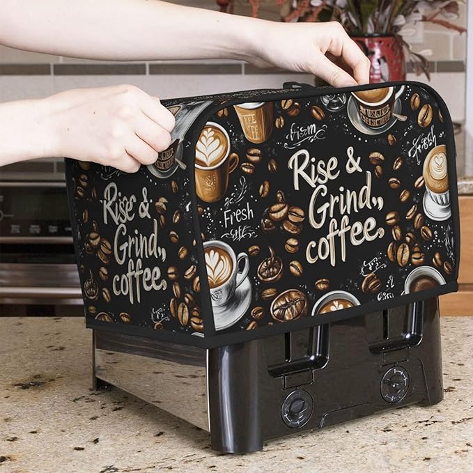 Coffee Theme Toaster Cover 2 Slice, Cute Country Bread Machine Cover, Washable Toaster Kitchen Small Appliance Cover Stain Resistant,with Top Handle