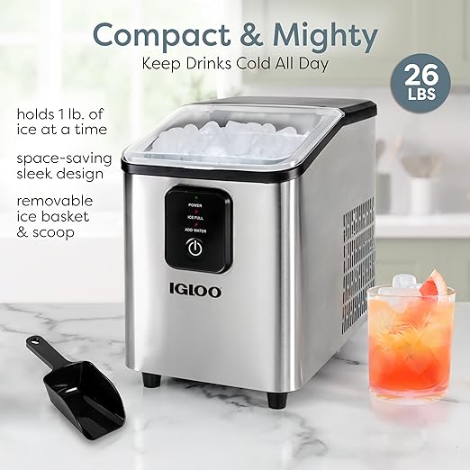 Igloo Portable Ice Maker with Scoop - Countertop Ice Maker with LED Control Panel & 1.5 Quart Water Tank - Ice Cube Maker Produces 26 Lbs. of Ice in 24 Hours with 9 Large or Small Cubes in 7 Minutes