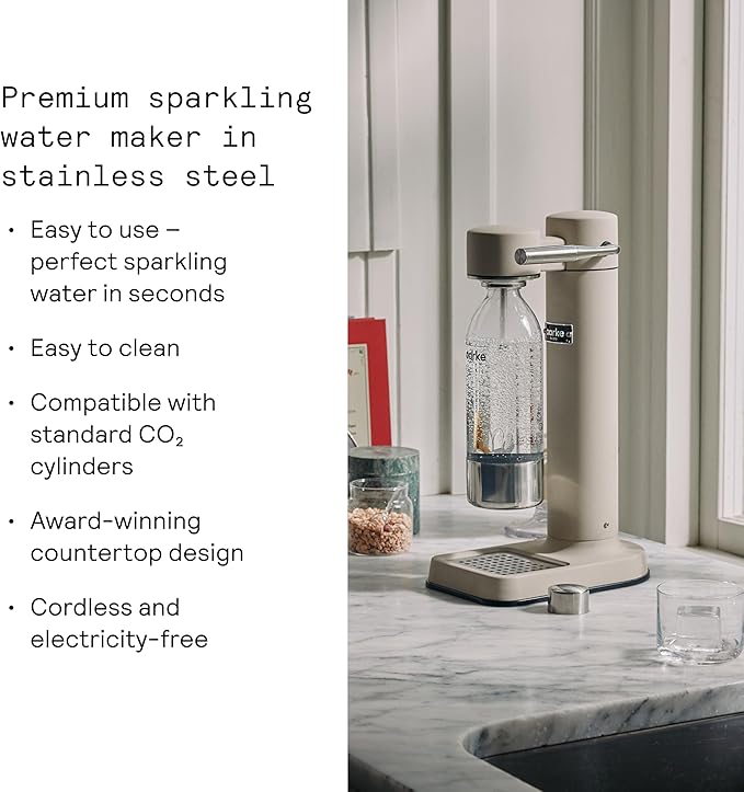 Aarke Carbonator lll, Sparkling & Carbonation Water Machine, Stainless Steel with PET BPA-Free Reusable Bottle Volume 1L/34 fl oz (Sand)