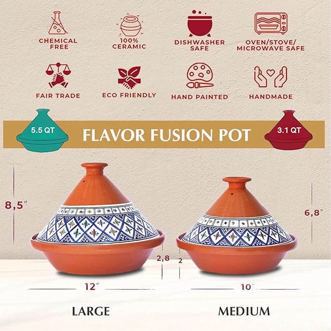 Kamsah Tagine Pot for Cooking and Flavor Enrichment - Large Clay Pot 12”, 5.5 QT - Non-Stick Handmade Cookware - Moroccan Ceramic Pots for Cooking with Lid & Serving Bowl - Bohemian Classic Blue
