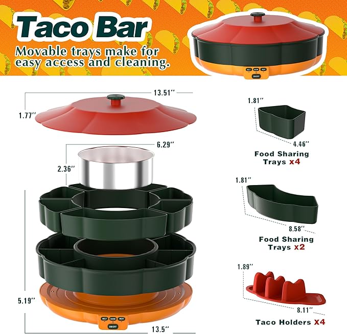 Taco Tuesday Kit, Taco Bar Serving Set for a Party with 3-Temp Control, 33oz Heated Pot, 6 Removable Trays & 4 Taco Holders, Lazy Susan Taco Bar for Burritos, Nachos, and Fajitas, Christmas Gift