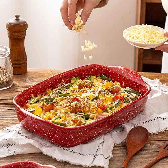 3-Pack Ceramic Lasagna Pan,Heavy-Duty Rectangular Baking Dishes, High Heat Resistant Oven-Safe Stoneware Casserole with Handles,Home Baking,Speckle Series(13.8''/12''/9.6'' Red)