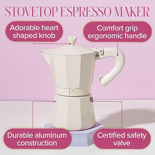 Paris Hilton Stovetop Espresso and Coffee Maker, Italian & Cuban Style Coffee Pot with Iconic Heart Knob, Perfect for Rich Aromatic Espresso, Makes up to 6 Espresso Cups, Cream