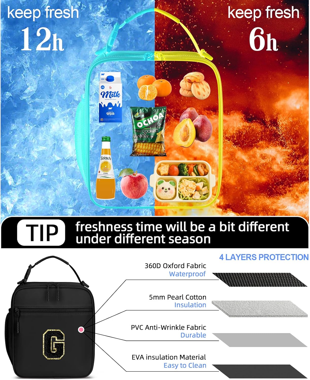 Initial Insulated Lunch Bag for Boys Kids, Back to School Gift, Reusable Leak-proof Lunch Box with Adjustable Strap for School Daycare Travel Picnic（Black，G）